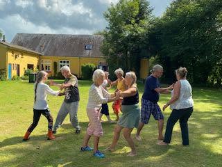 Et hold træner Tai Chi sammen på en græsplæne